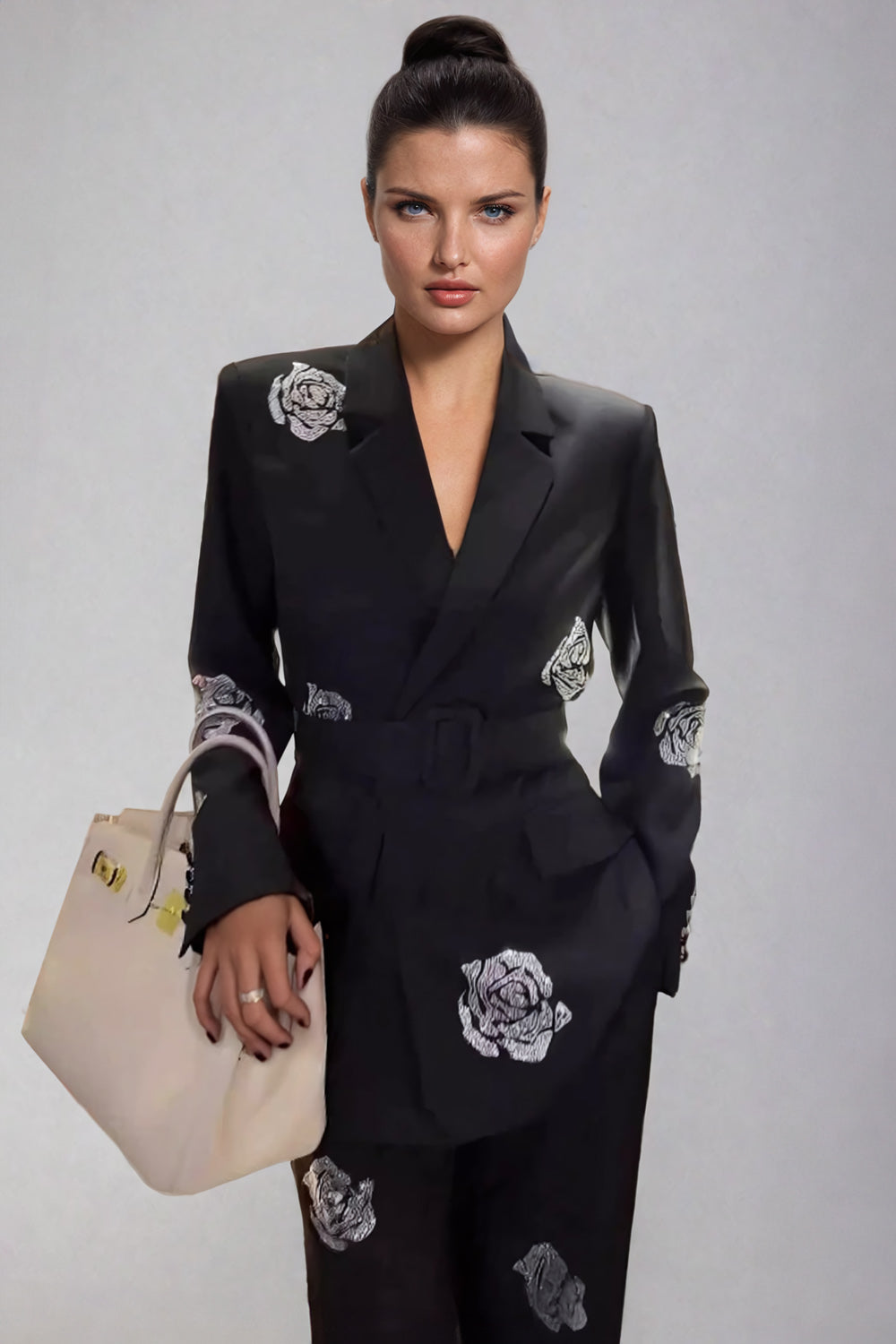 Floral Belted Blazer and Wide-Leg Pants Co-Ord Set - Black