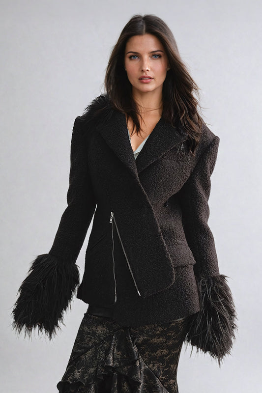 Structured Coat with Fur Accents - Black