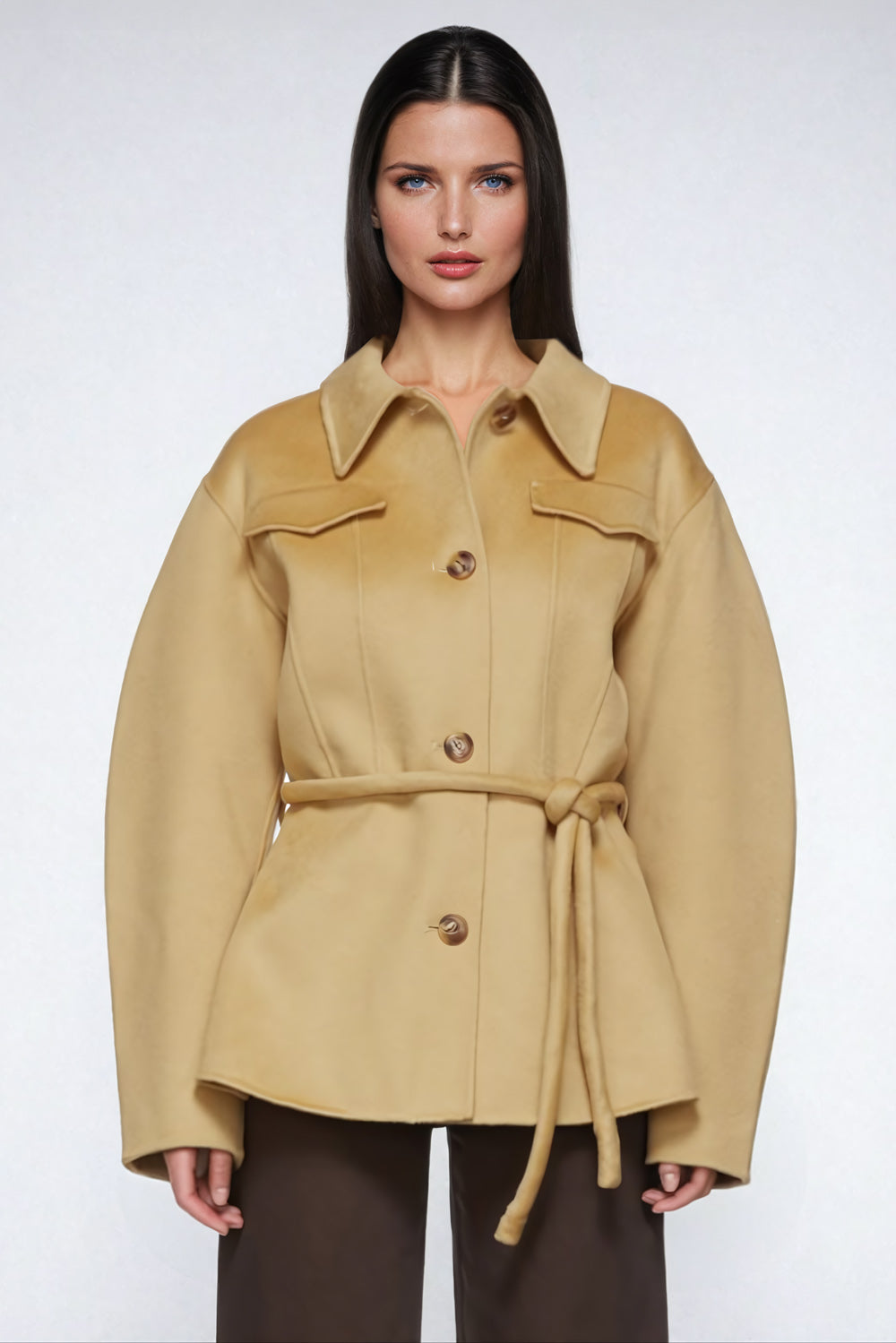 Belted Button-Up Coat with Wide Sleeves - Beige