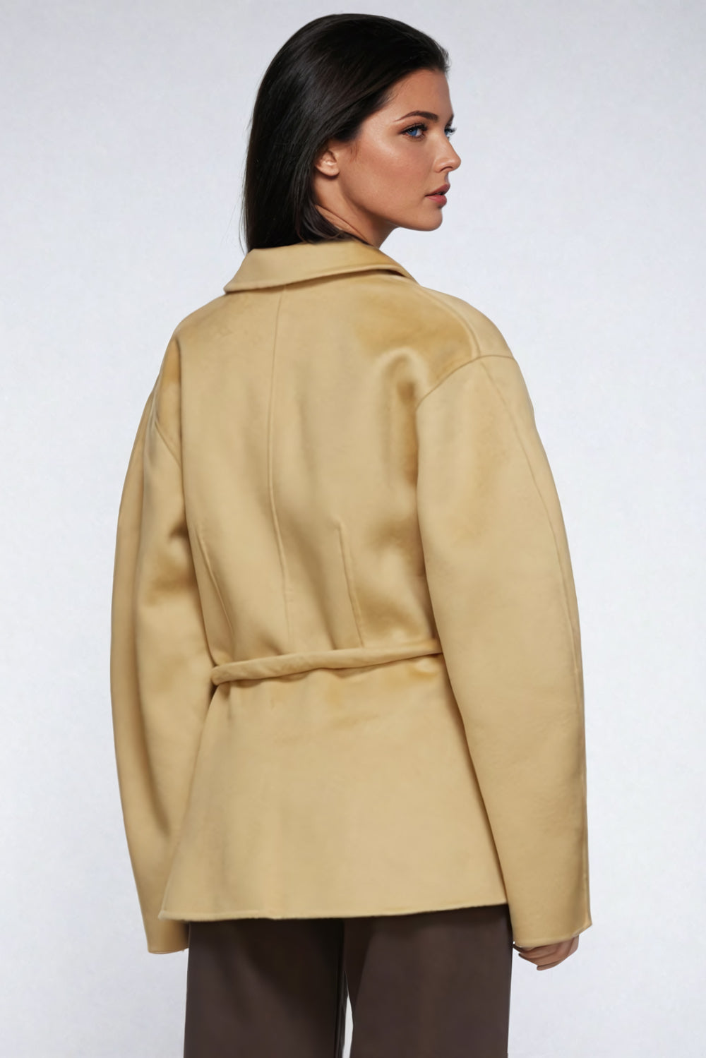 Belted Button-Up Coat with Wide Sleeves - Beige
