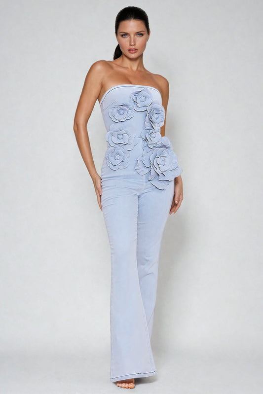 Strapless 3D Floral Denim Jumpsuit - Blue