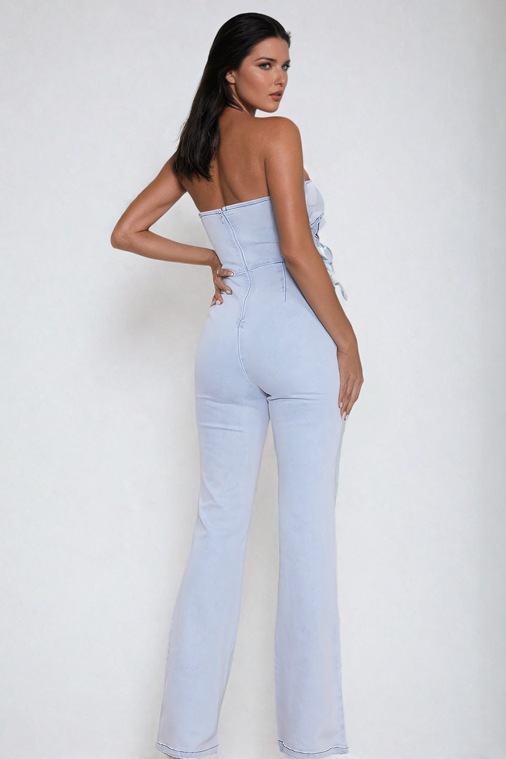 Strapless 3D Floral Denim Jumpsuit - Blue