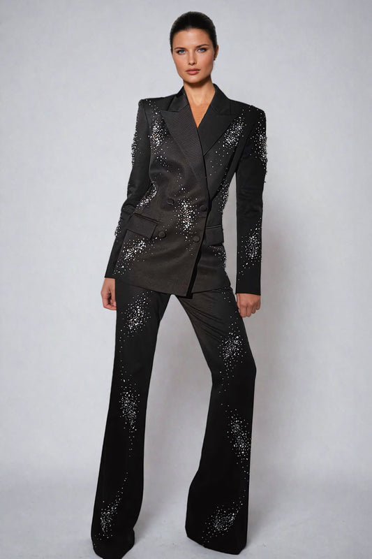 Two-Piece Set with Double-Breasted Embellished Blazer and Trousers - Black