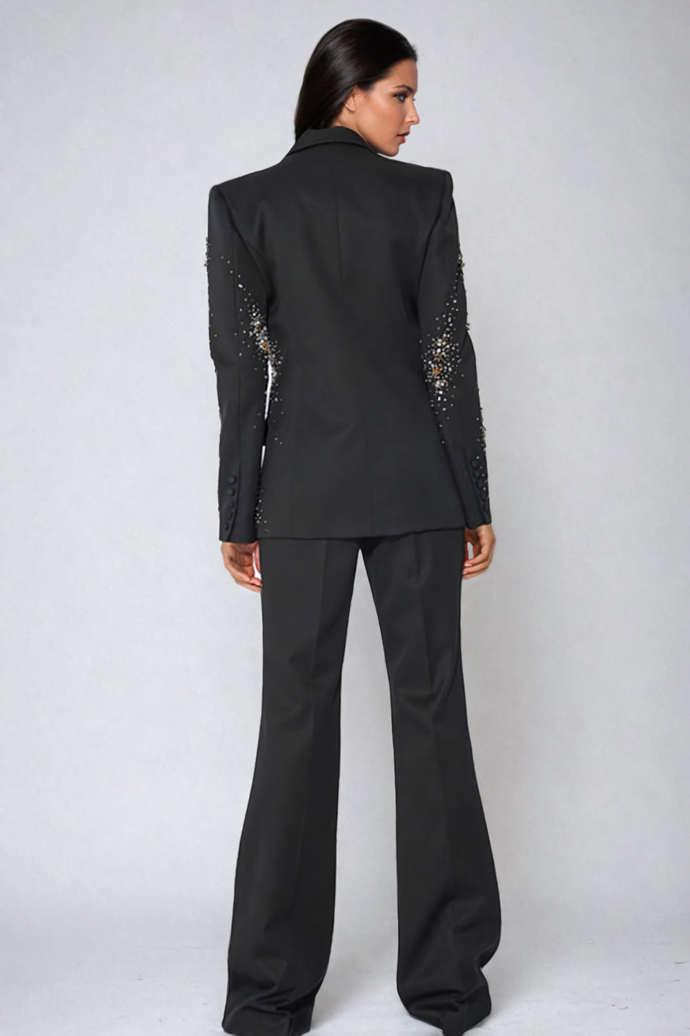 Two-Piece Set with Double-Breasted Embellished Blazer and Trousers - Black