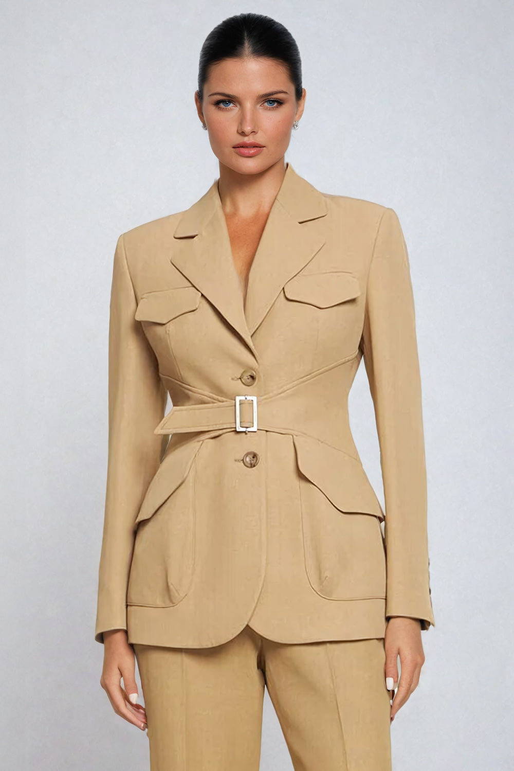 Belted Blazer with Pocket Detail - Beige