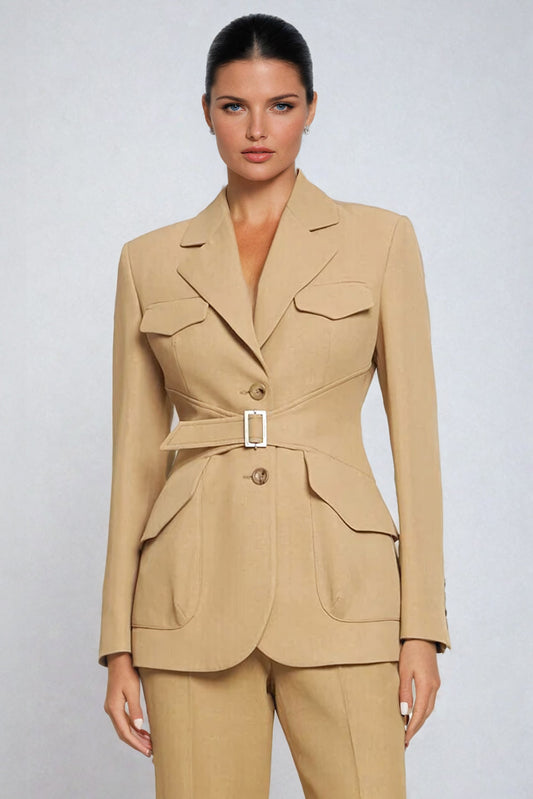 Belted Blazer with Pocket Detail - Beige