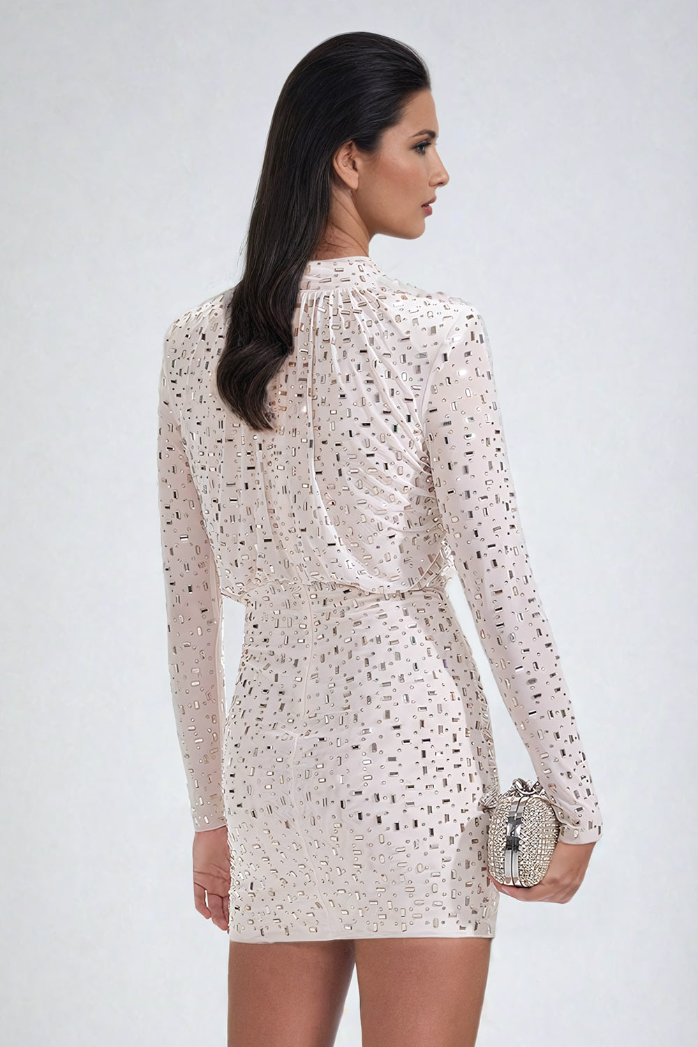 High-Neck Embellished Long Sleeve Mini Dress - White