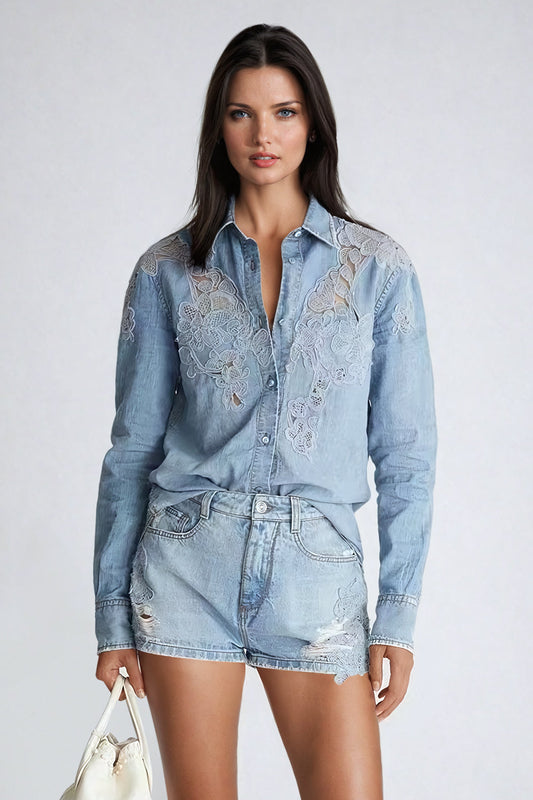 Denim Shirt with Lace Detailing - Blue