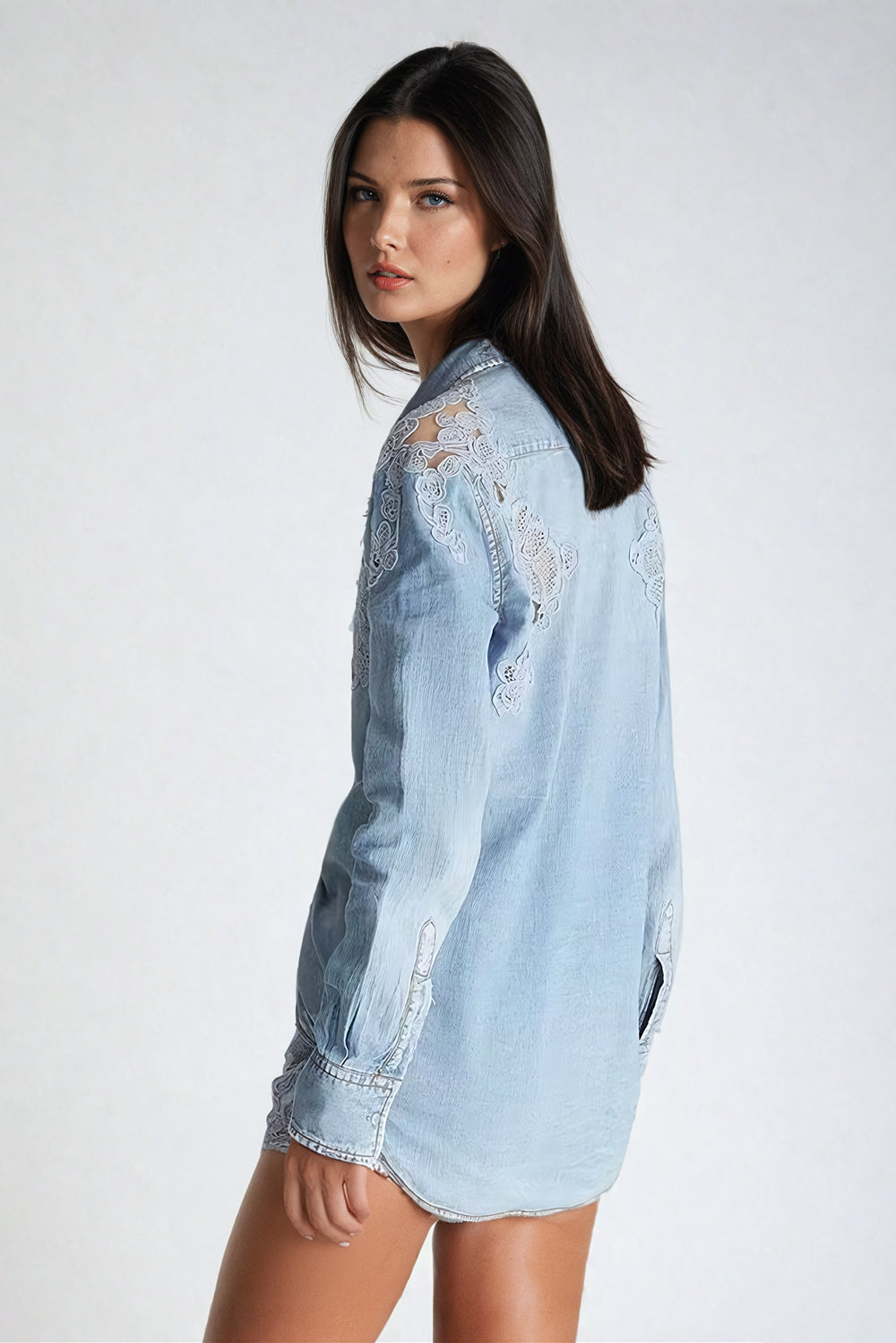 Denim Shirt with Lace Detailing - Blue