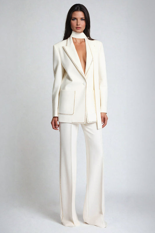 Tailored Two-Piece Set with Beaded Detailing Blazer and Trousers - White