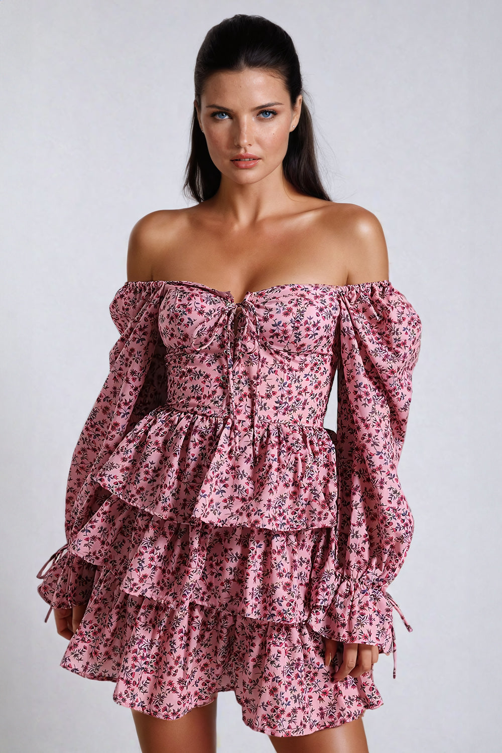 Off-Shoulder Floral Tiered Mini Dress - Pink