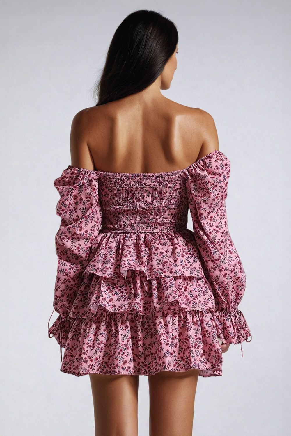 Off-Shoulder Floral Tiered Mini Dress - Pink