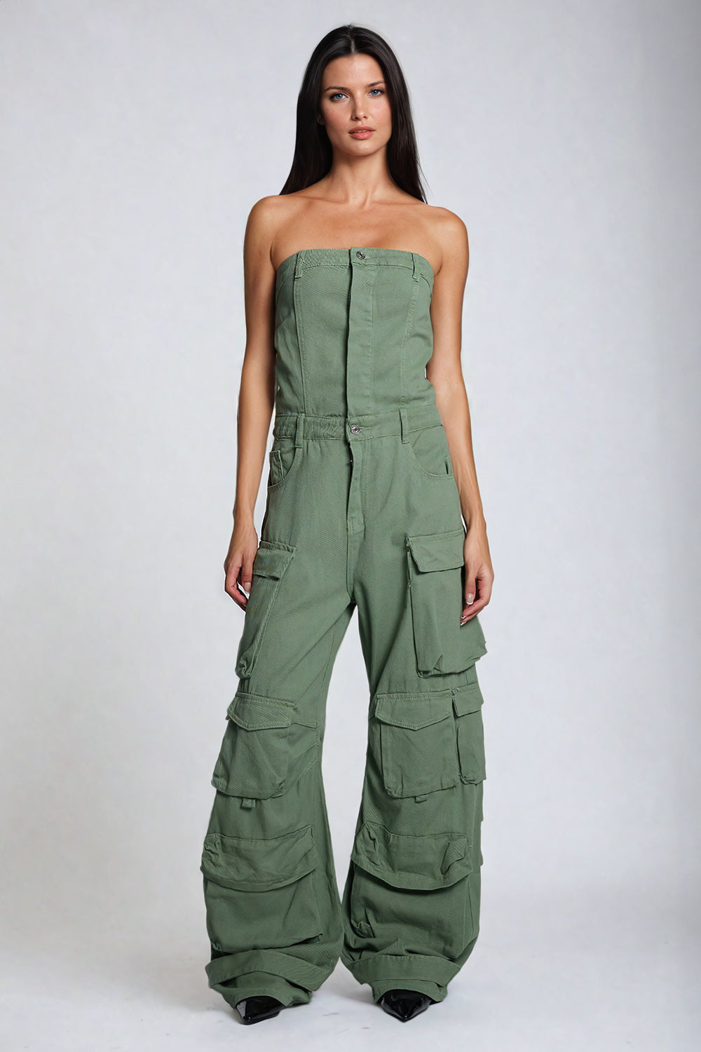 Strapless Cargo Utility Jumpsuit - Green