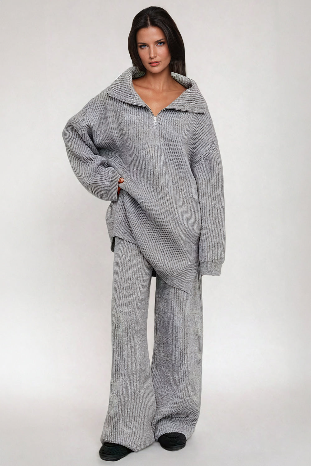 Oversized Ribbed Knit Sweater and Trouser Two-Piece Set - Gray