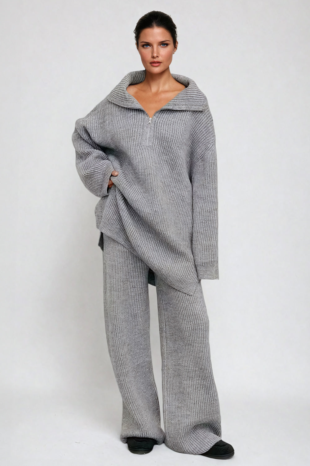 Oversized Ribbed Knit Sweater and Trouser Two-Piece Set - Gray