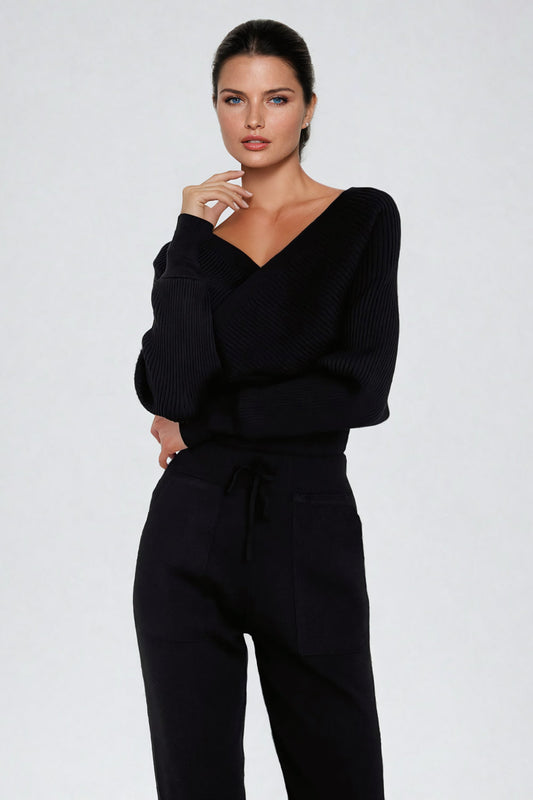 Ribbed Knit Off-Shoulder Top - Black