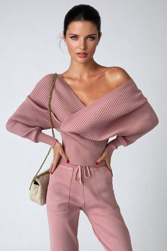 Ribbed Knit Off-Shoulder Top - Pink