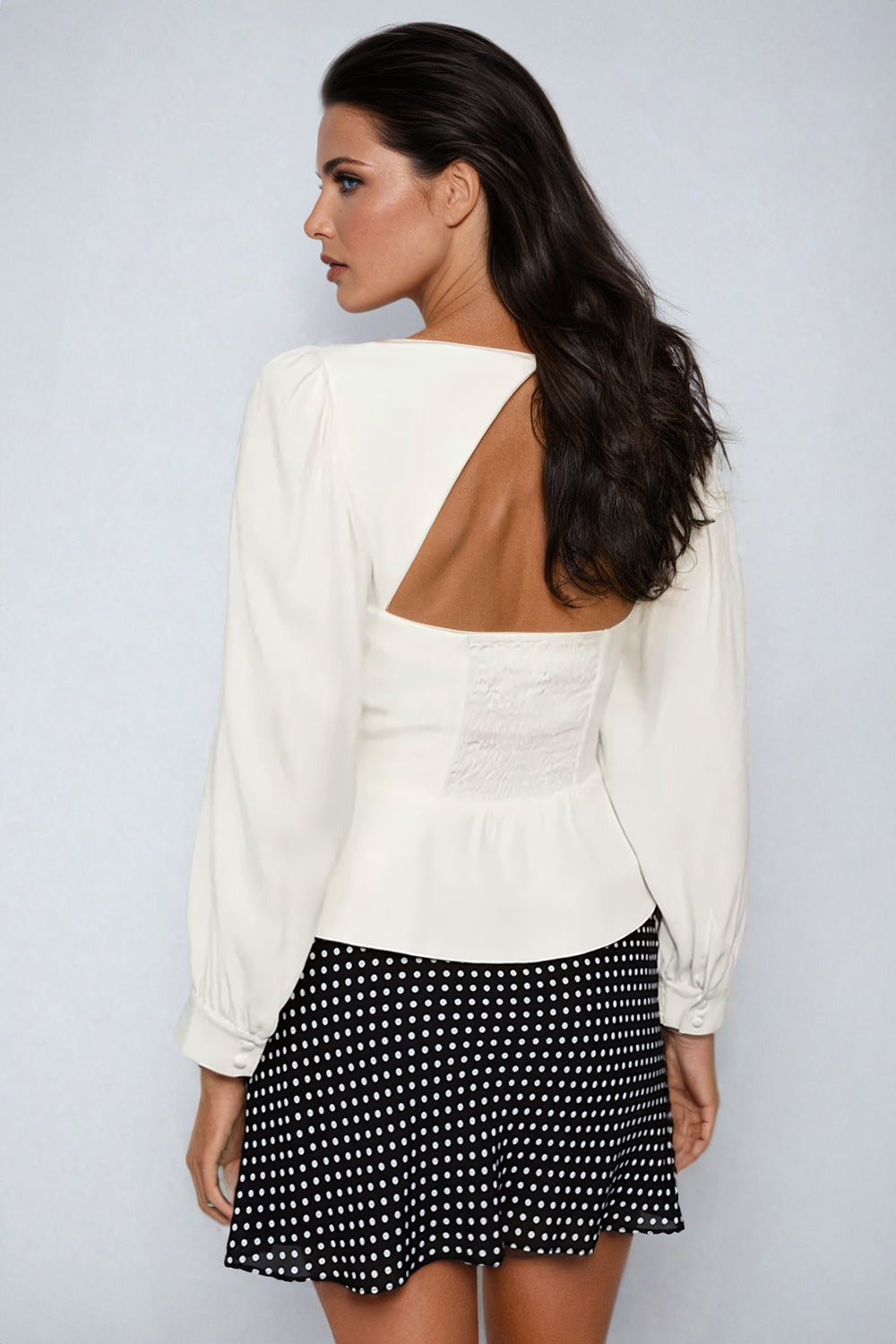 Button-Up Sweetheart Neckline Top with Puff Sleeves - White