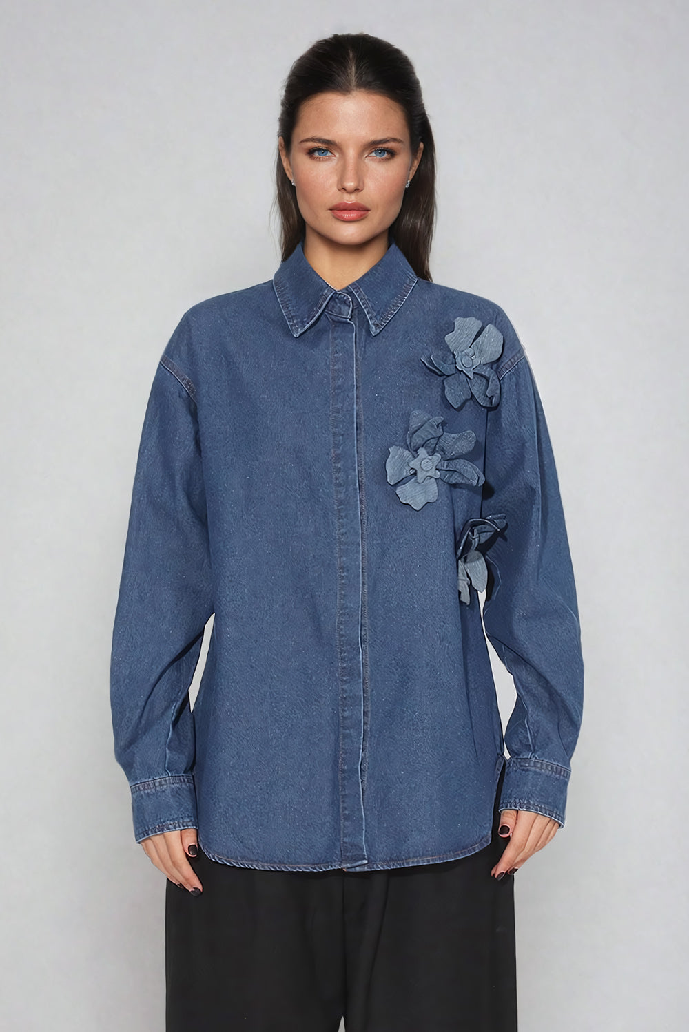 Denim Shirt with 3D Floral Embellishments - Blue