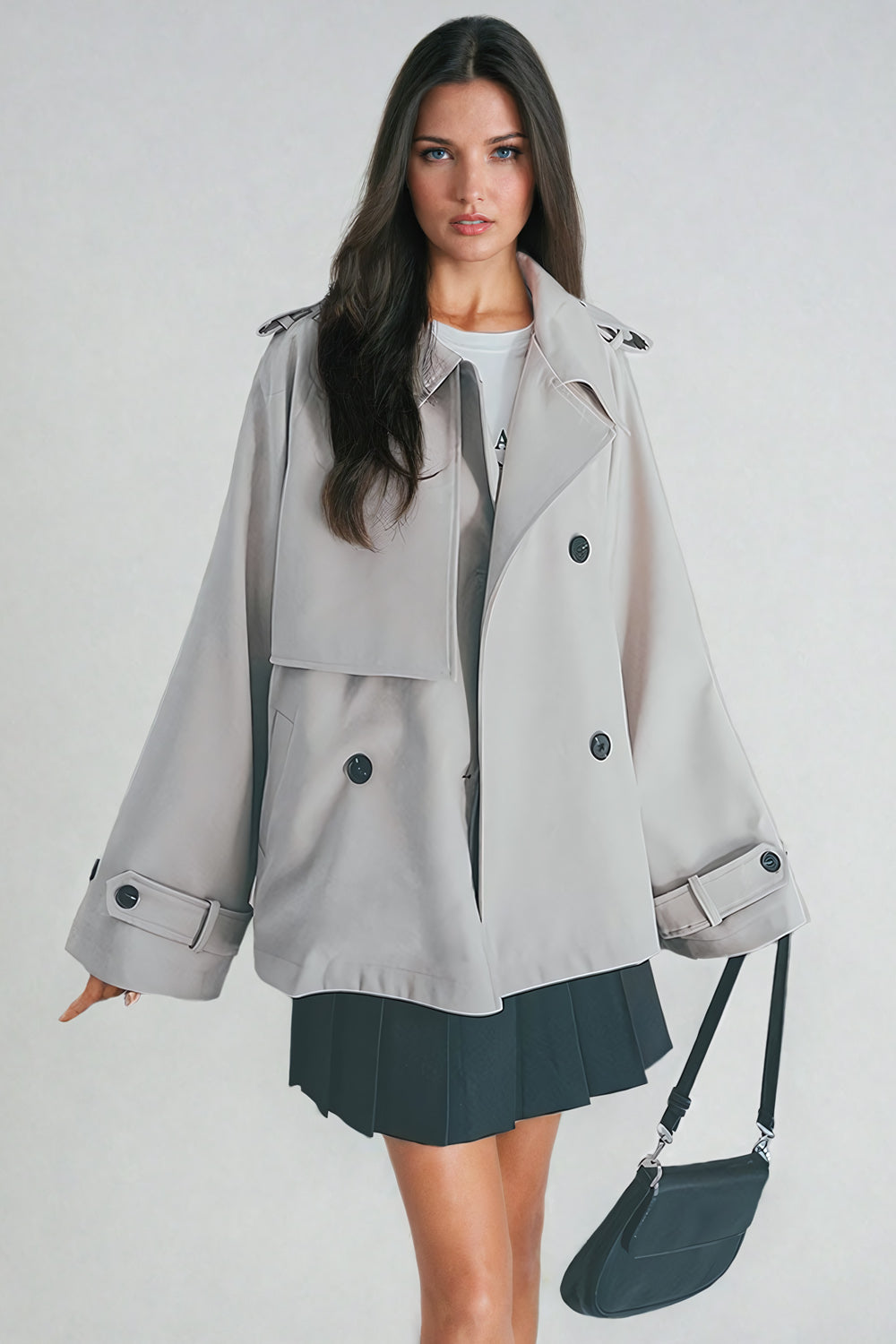 Double-Breasted Short Coat with Wide Collar - Khaki