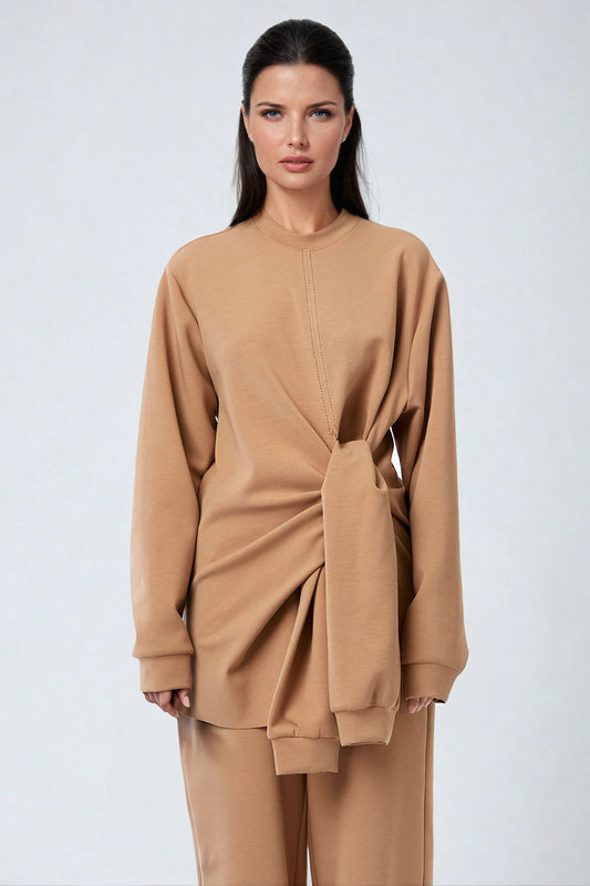 Oversized Sweatshirt with Side Knot Detailing - Brown