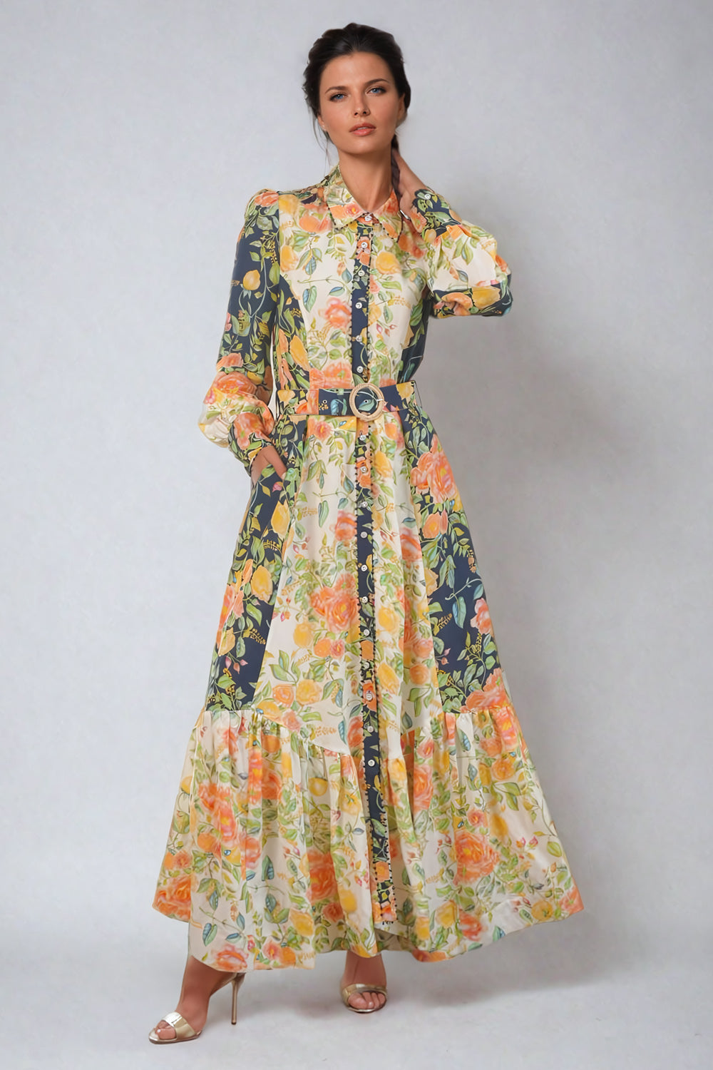 Belted Floral Longsleeve Maxi Dress - Orange