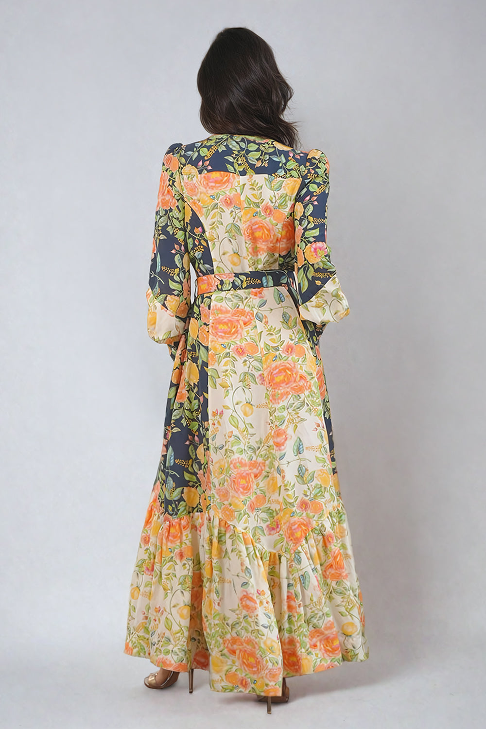 Belted Floral Longsleeve Maxi Dress - Orange