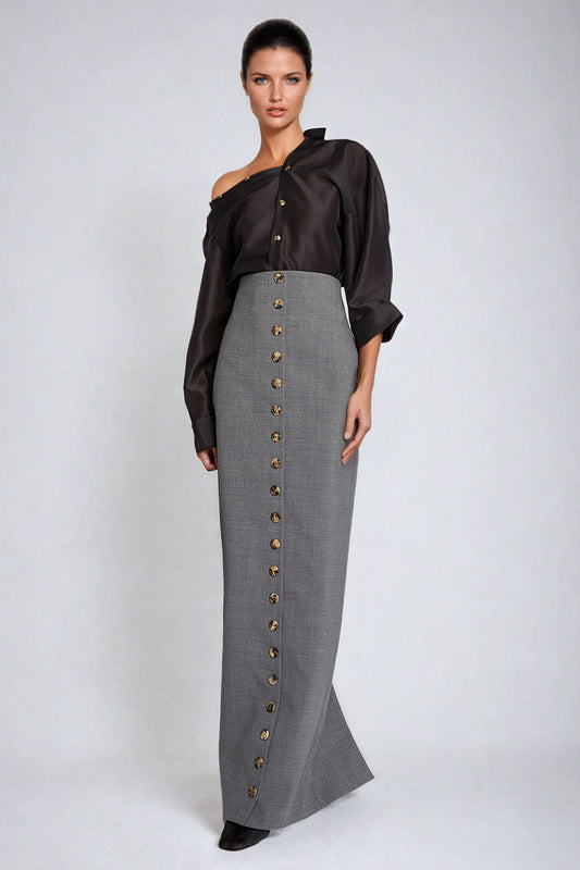 High-Waisted Button-Front Maxi Skirt - Gray