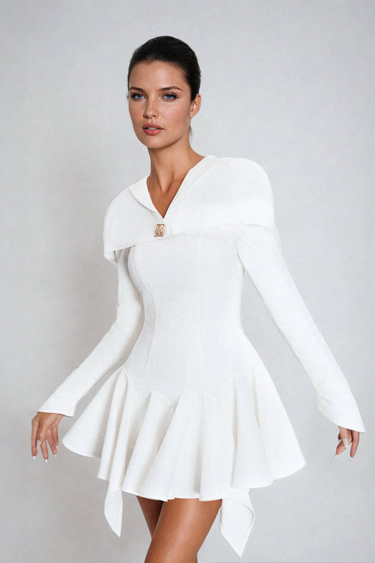 Structured Long Sleeve Mini Dress with Flared Hem - White