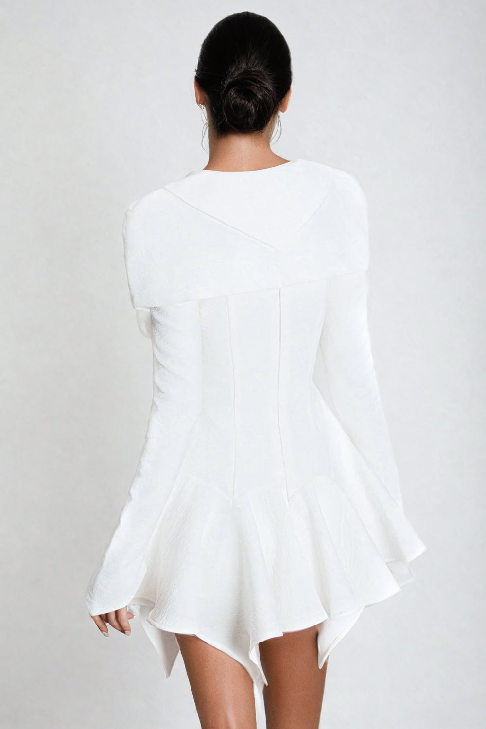 Structured Long Sleeve Mini Dress with Flared Hem - White