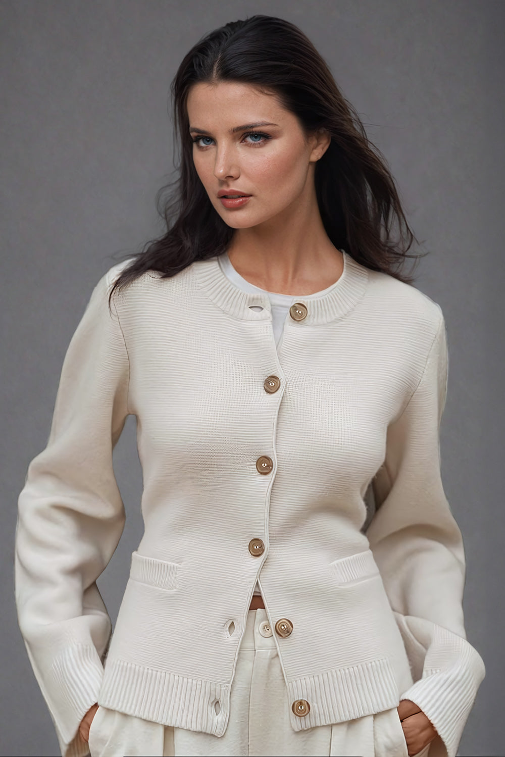 Button-Up Sweater with Ribbed Details - Beige