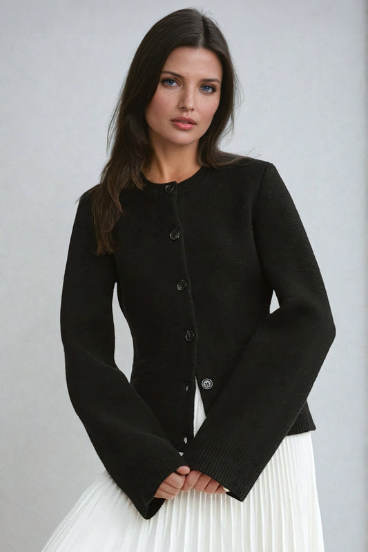 Button-Up Sweater with Ribbed Details - Black