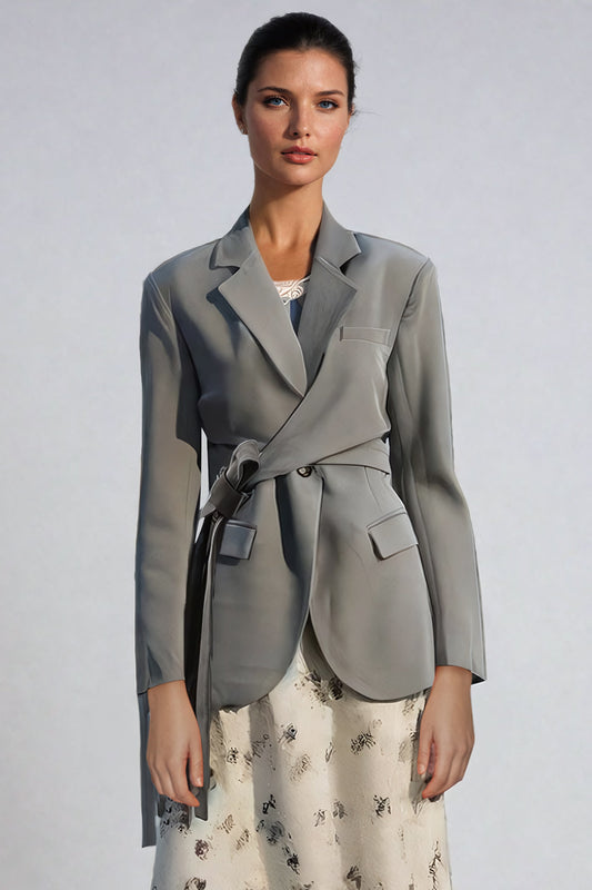 Tailored Belted Blazer with Notched Lapel and Flap Pockets - Gray