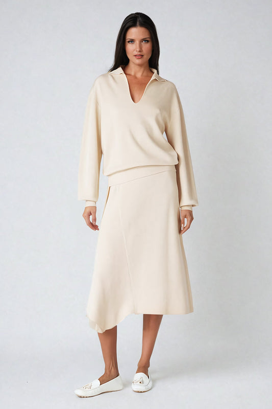 V-Neck Knitted Sweater and Asymmetrical Skirt Co-ord Set - Beige
