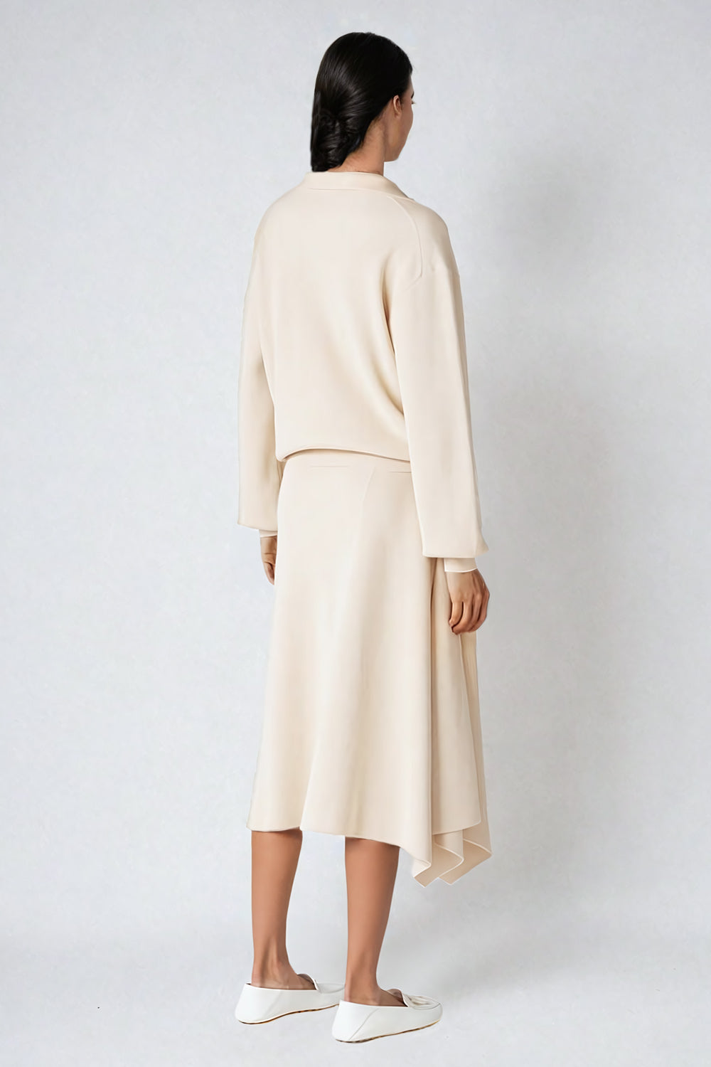 V-Neck Knitted Sweater and Asymmetrical Skirt Co-ord Set - Beige