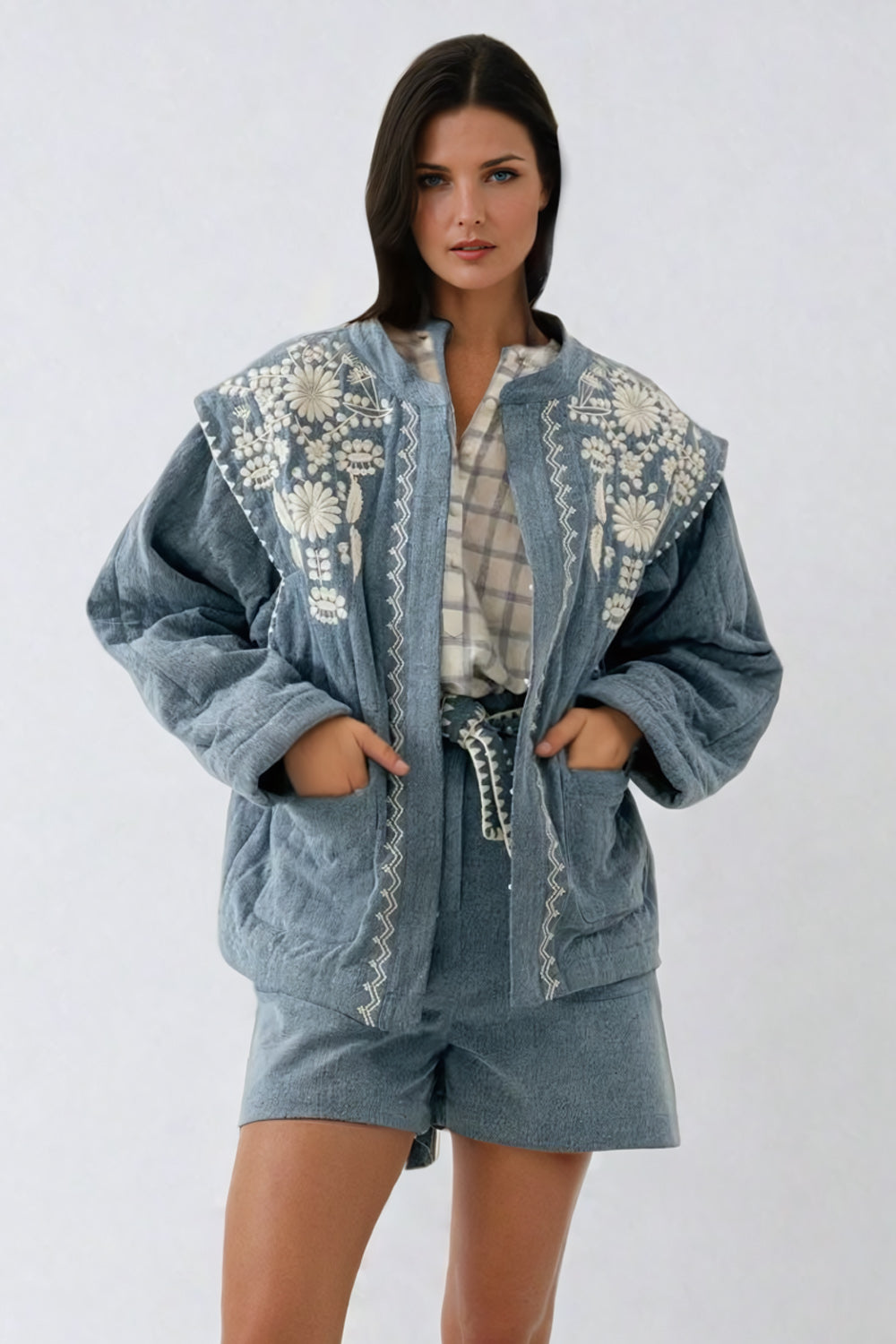 Embroidered Denim Jacket - Blue