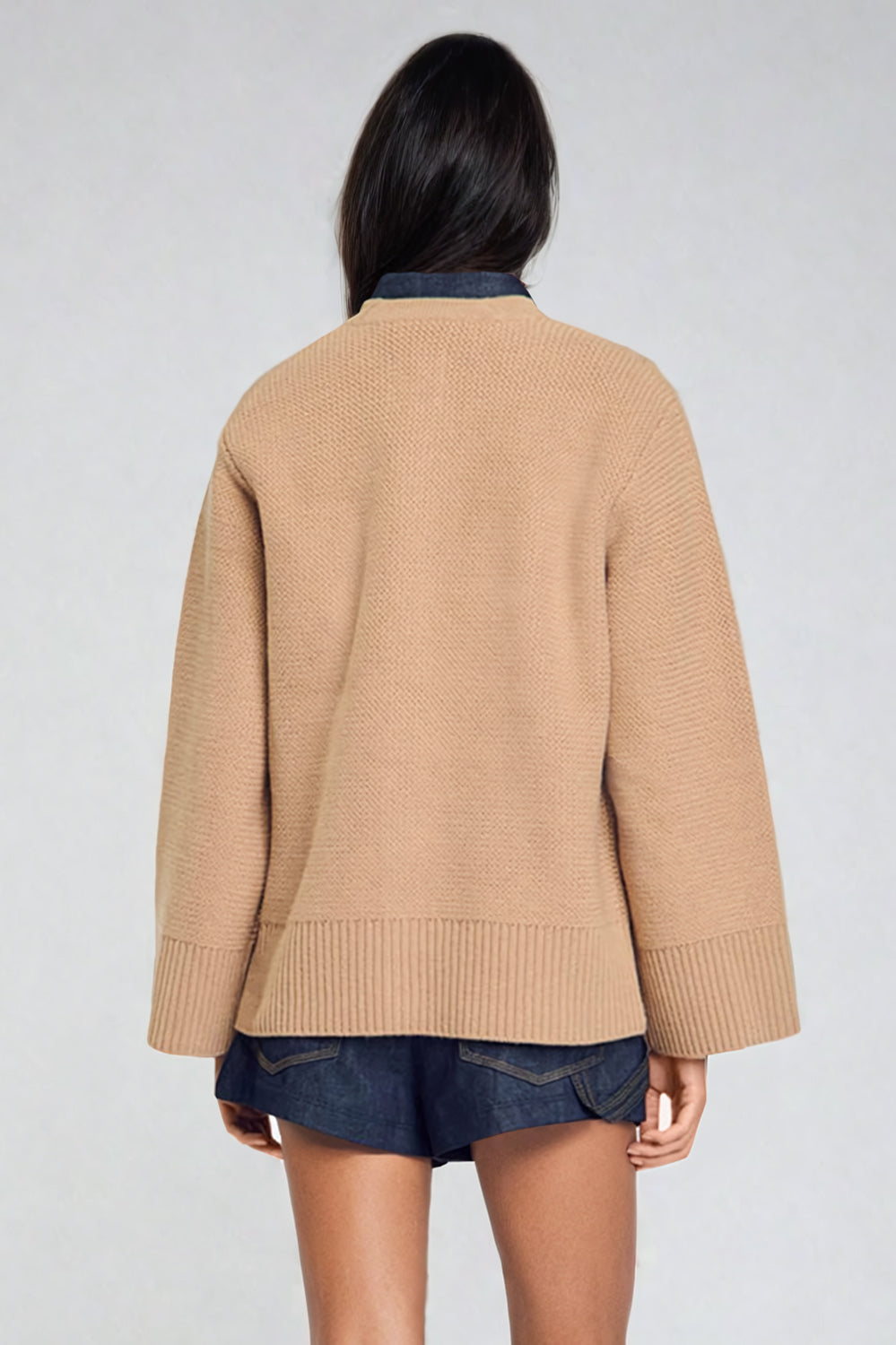 Knitted Button-Up Sweater with Braided Pocket Detailing - Khaki