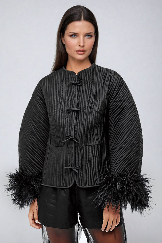 Quilted Blazer with Feather-Trimmed Sleeves and Bow Closure - Black