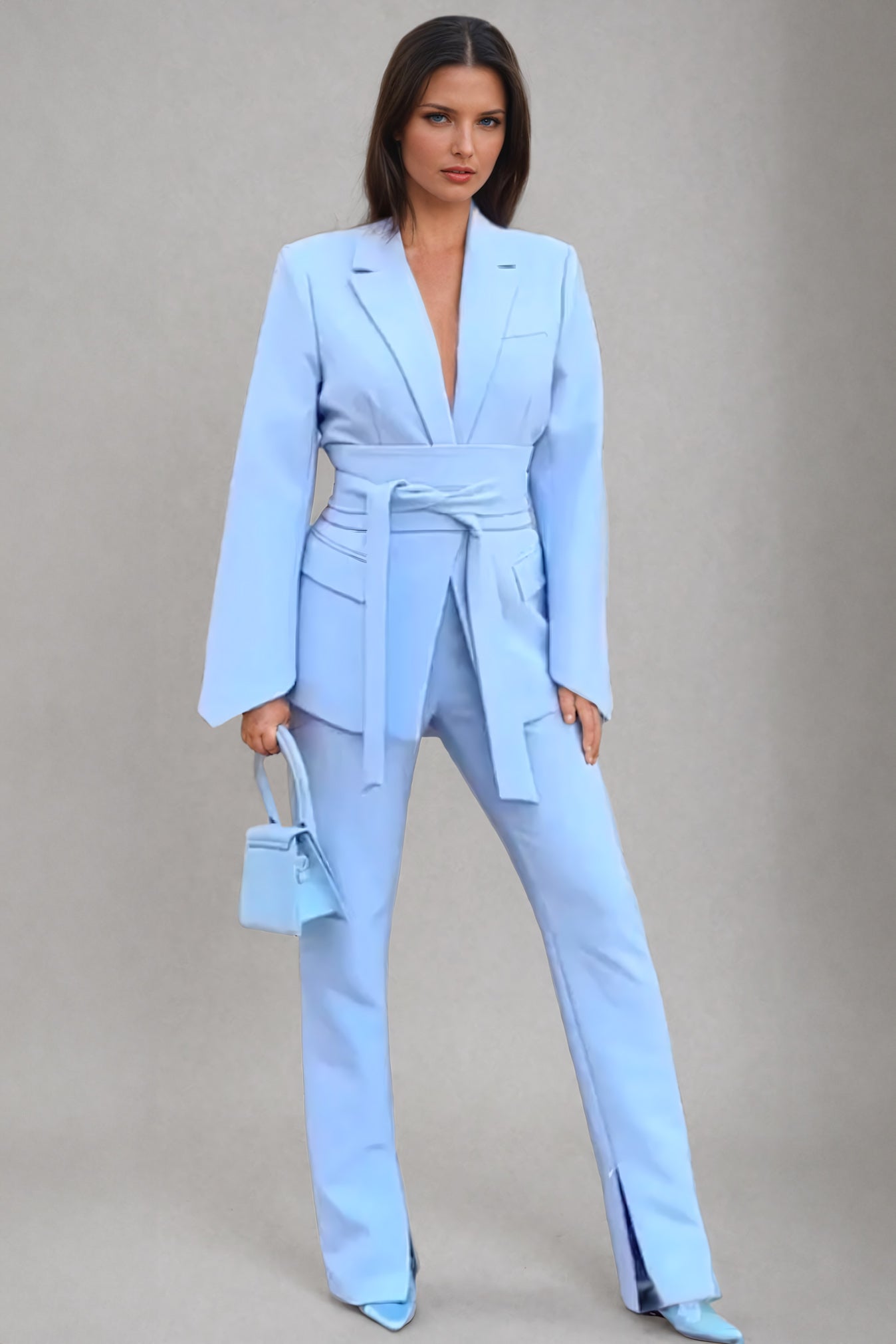 Wrap Belted Blazer with Wide-Leg Trousers Co-Ord Set - Blue