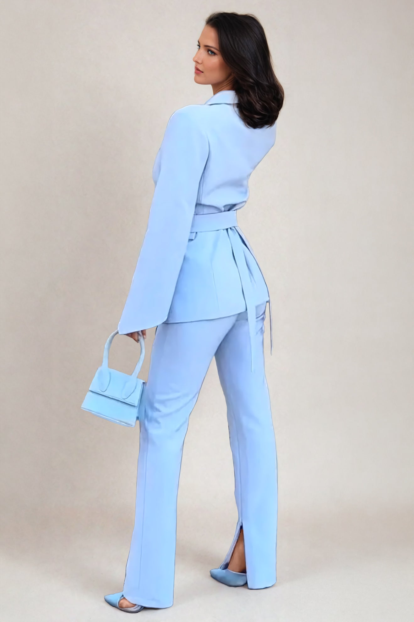 Wrap Belted Blazer with Wide-Leg Trousers Co-Ord Set - Blue