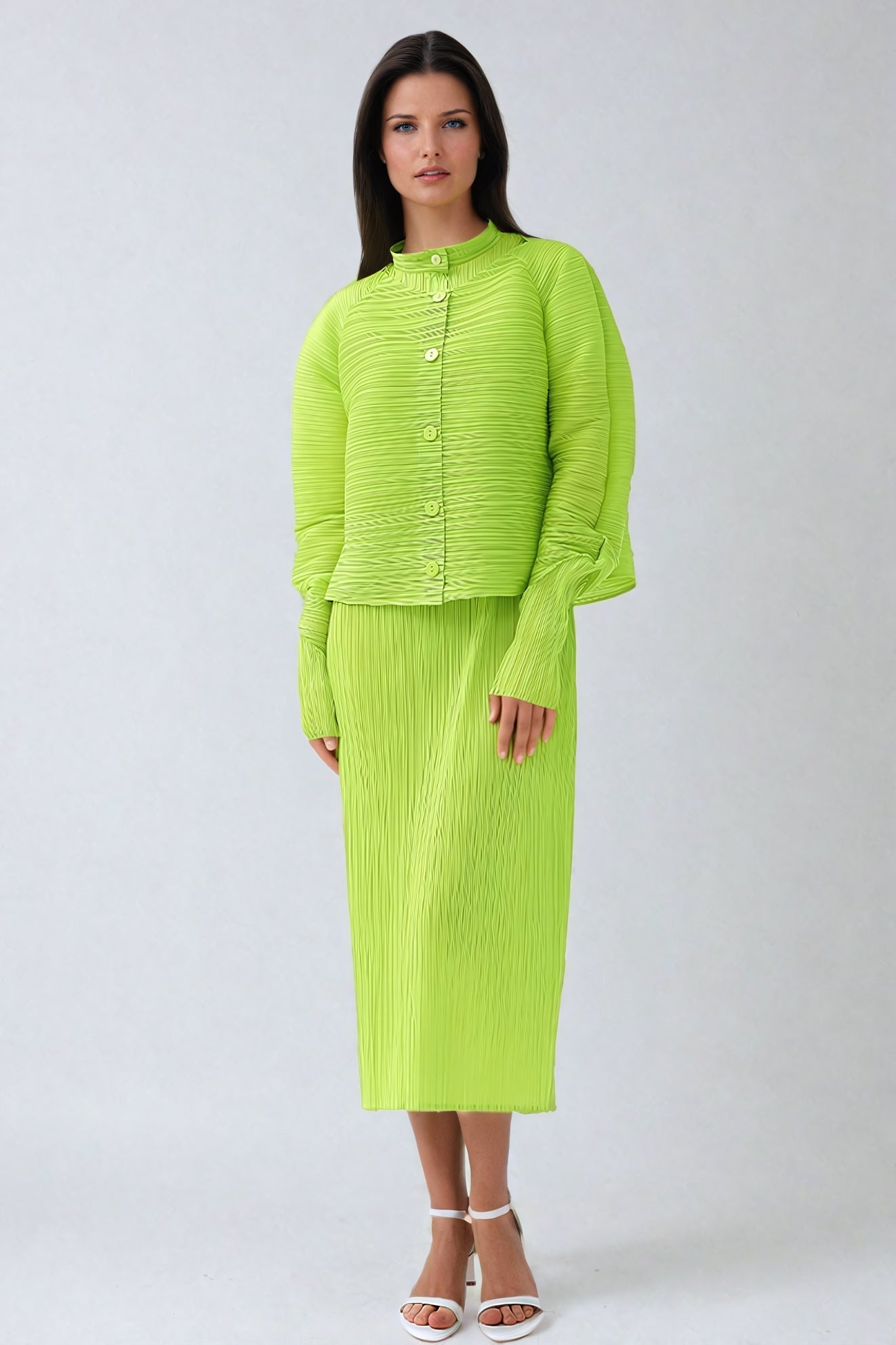 Pleated Long-Sleeve Shirt with Stand Collar - Green