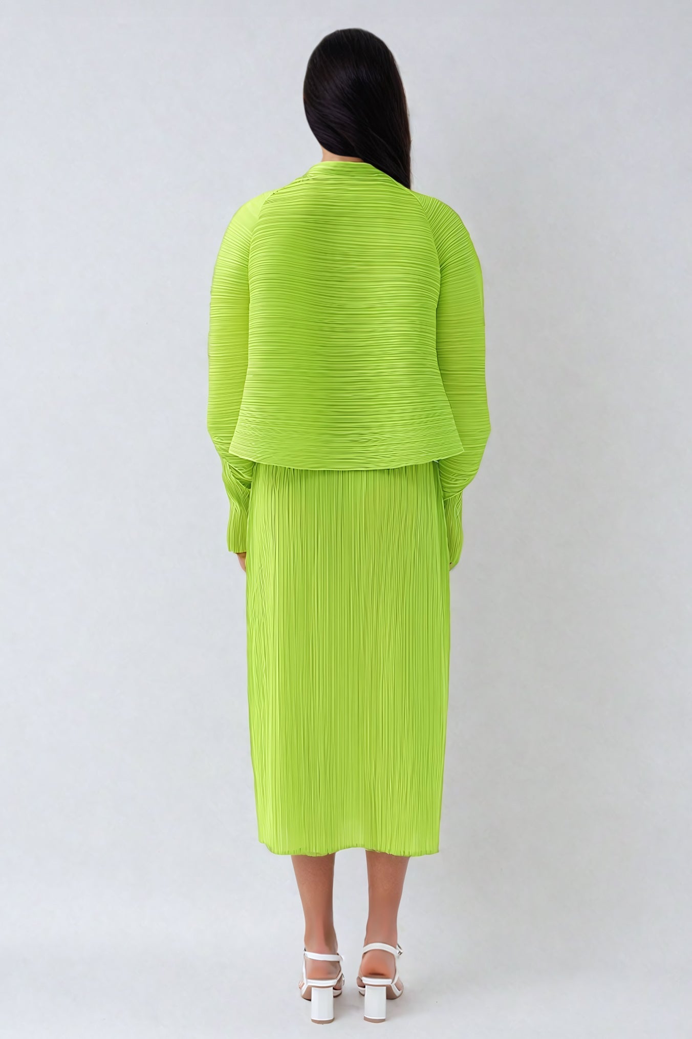 Pleated Long-Sleeve Shirt with Stand Collar - Green