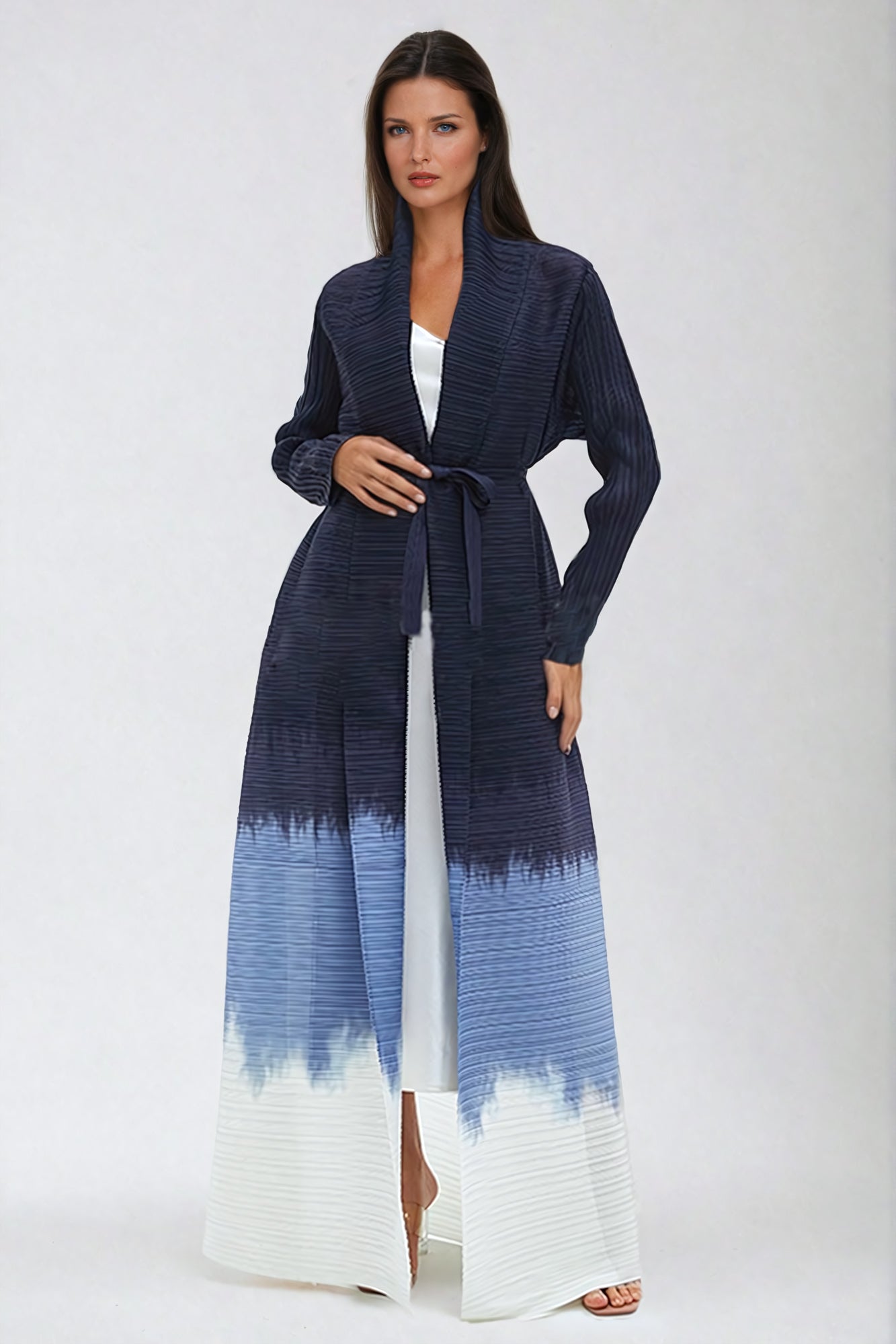 Belted Longline Gradient Cardigan - Dark Blue