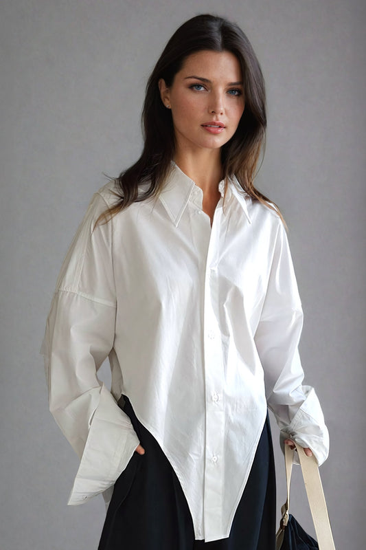 Asymmetrical Hem Shirt with Wide Collar - White