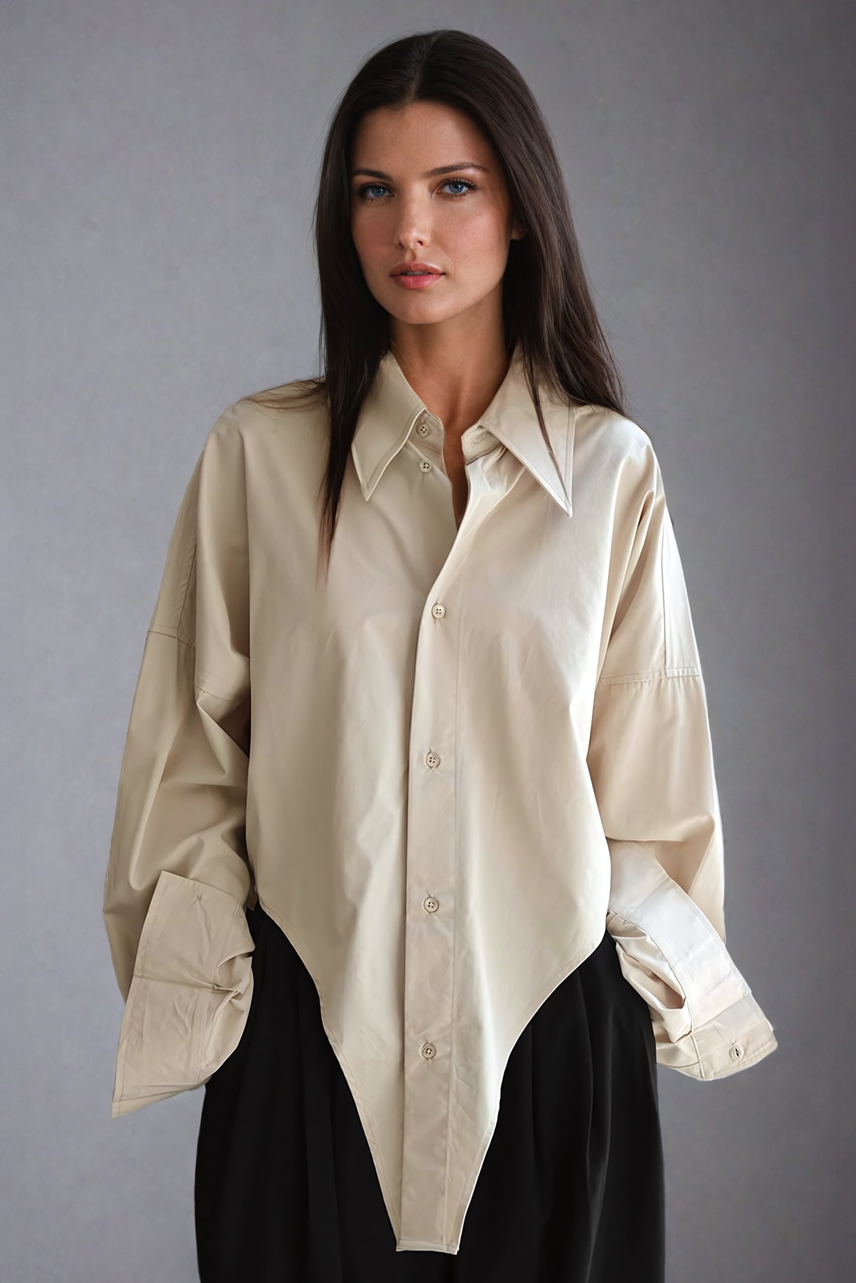 Asymmetrical Hem Shirt with Wide Collar - Beige