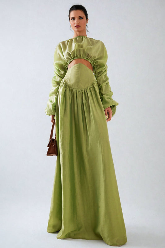 Two-Piece Set with Ruched Cropped Top and Corset-Waist Maxi Skirt - Green