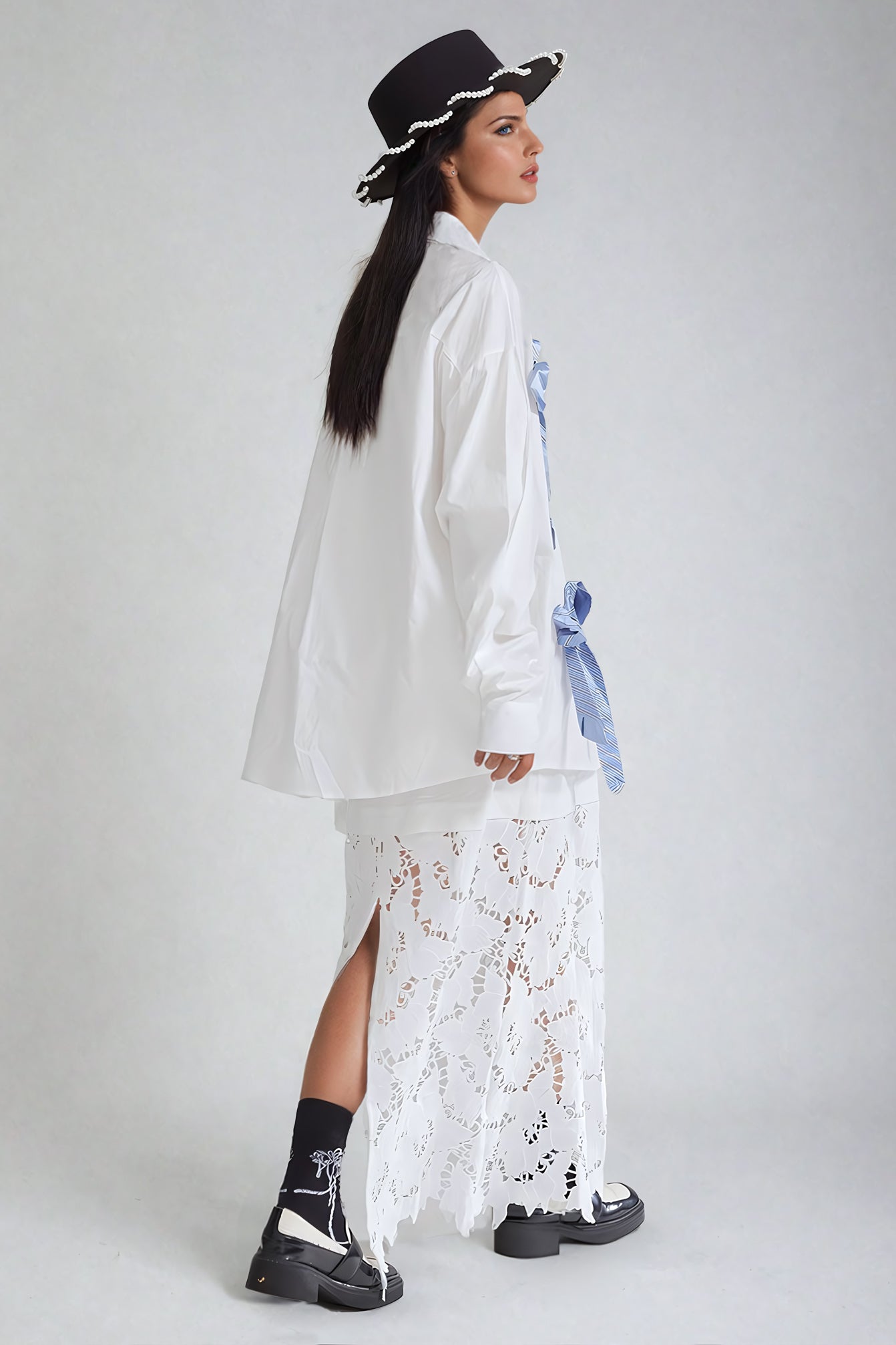 Bow-Accent Oversized Shirt - White