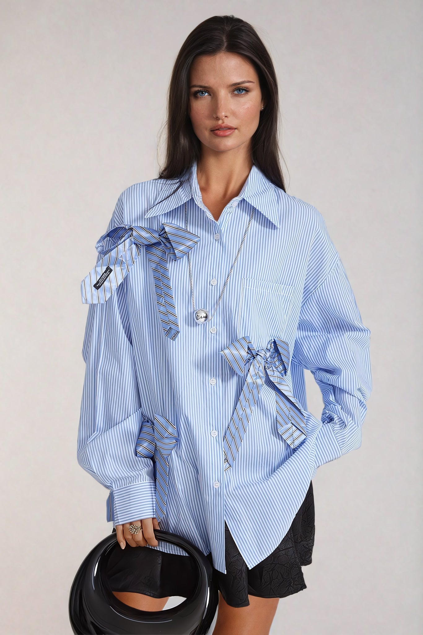 Bow-Accent Oversized Shirt - Blue