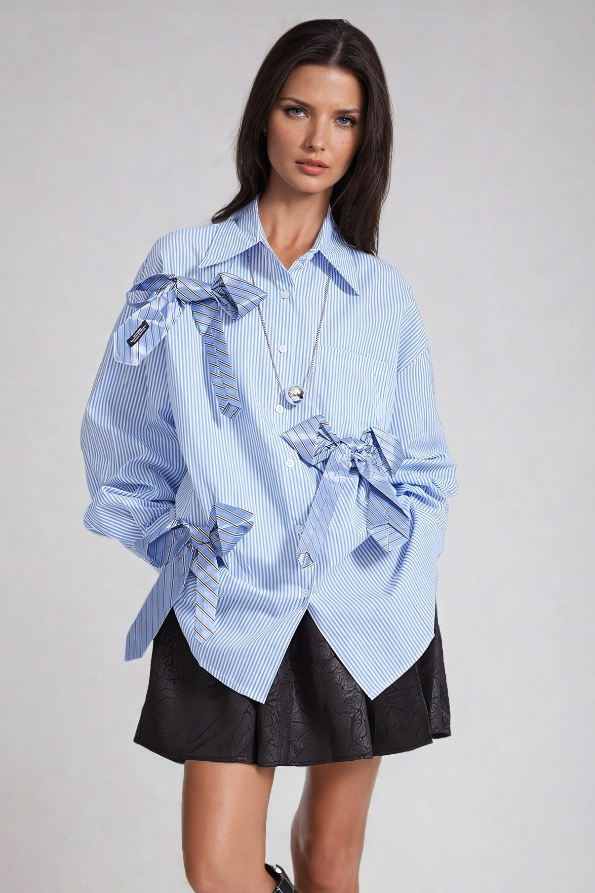 Bow-Accent Oversized Shirt - Blue