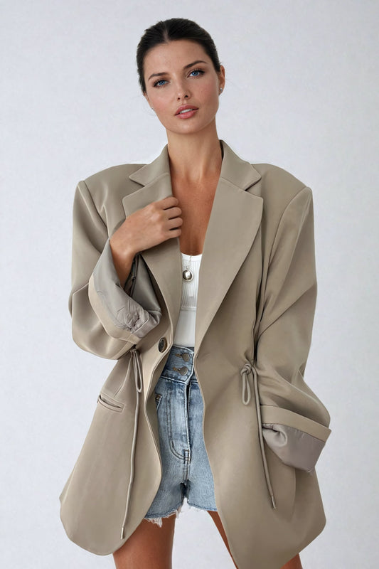 Tailored Blazer with Drawstring Waist Accent - Beige